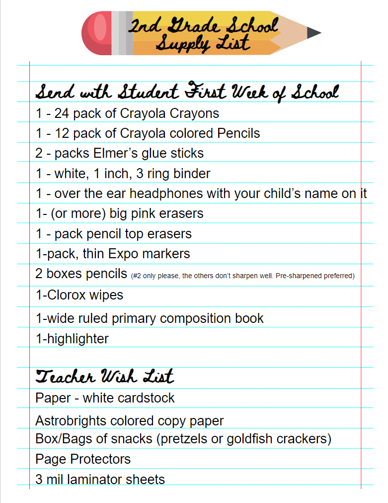 Please send supplies with your child by the end of the first week of school if possible.  